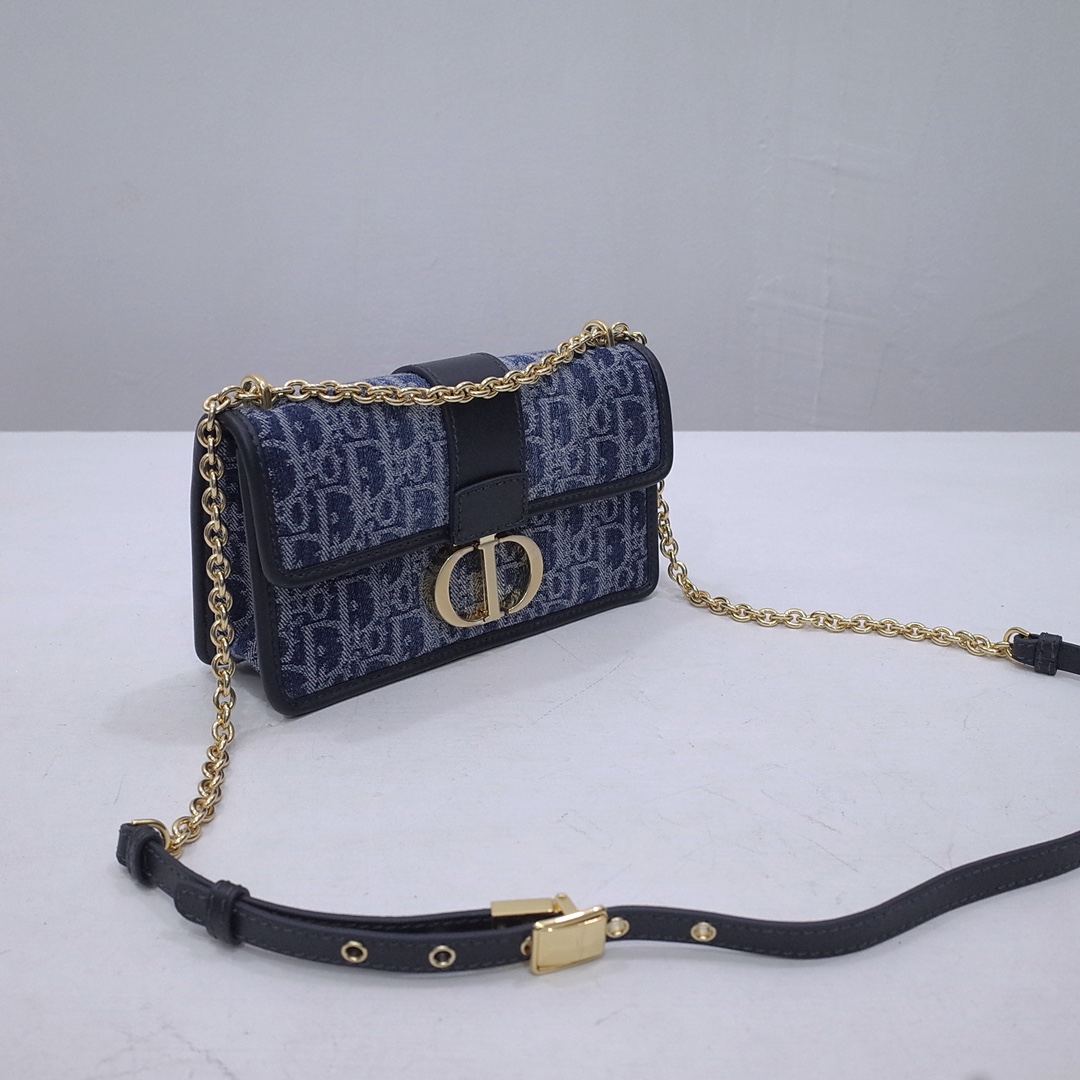 30 Montaigne East-West Bag with Chain Blue Denim Dior Oblique Jacquard and Smooth Calfskin